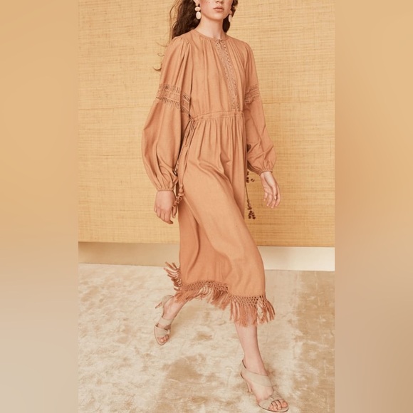 Ulla Johnson Raw Silk Kalea Midi Dress Clay Size 4 Fringe Boho Bohemian Fringe - Picture 1 of 14